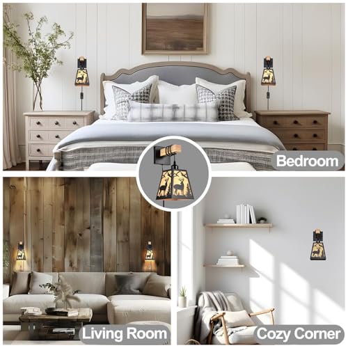 Image of Plug in Wall Sconce,Deer Matte Metal Rustic Wall Sconces,Black Wall Lights,Farmhouse Parchment Paper Shades Wall Sconce Set of Two,Wall Lamps for Bedside,Living Room,Bedroom,Hallway,Bathroom