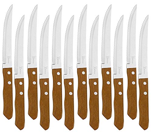 e!Orion Juego de 12 Cuchillos de mesa con mango de madera natural, Cuchillo de Carne Acero Inoxidable - Hoja de Sierra