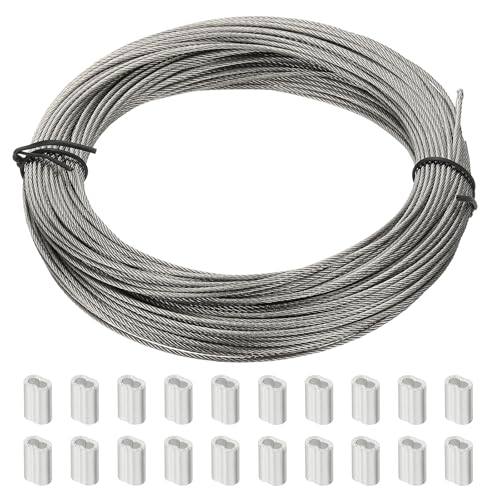 PATIKIL 98.4Ft 304 Stainless Steel Cable Kit, 1/16 Metal Wire Rope 7x7 Strand Core with 50 Pcs Aluminum Sleeves for Clothes Line Handrail (30M x 1.5 Mm)