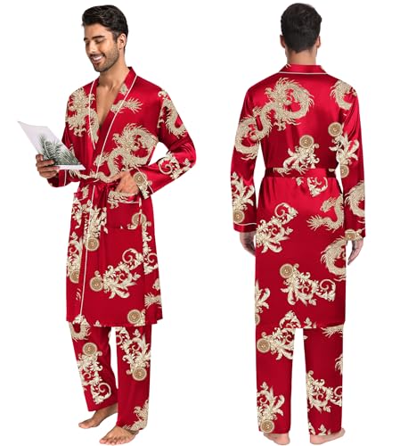 Image of SWOMOG Mens 3 PCS Satin Robe with Pants & Shorts Set Kimono Bathrobe Long Sleeve Sleepwear Pjs Sets with Pockets