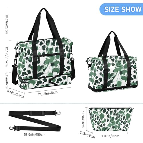 ALAZA Green White Leopard Spots Gym Bag Sports Duffel Bag with Shoes Compartment, Overnight Weekender Travel Tote Bag for Women Men Trip College3