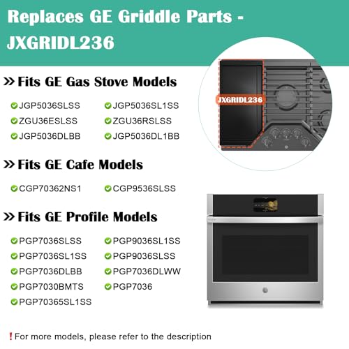 Image of JXGRIDL236 Cast Iron Griddle Replacement for GE Gas Stove Top, JGP5036SLSS, PGP7036SLSS PGP9036SL1SS PGP7036SL1SS PGP9036SLSS, GE Cafe CGP70362NS1, 5 Burner Griddle Plate Flat Cooktop.