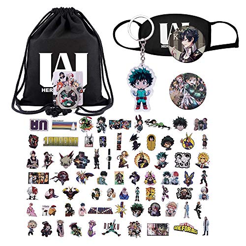 My Hero Academia Gift Sets - 1 Drawstring Bag, 73 Cartoon Laptop Stickers, 1 Face Mask, 2 Button Pins, 1 Phone Ring Holder, 1 Keychain