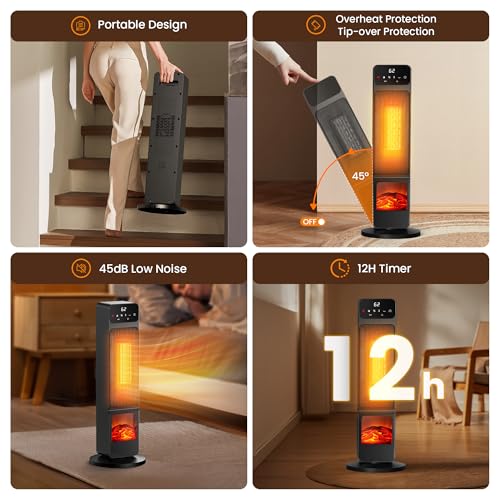Tower Heater and Fan Combo, 1500W PTC Electric Fireplace Heater W/ 3D Flame, 90° Oscillation Space Heater Fan Combo for Indoor Use, Child Lock & Eco Mode, 12h Timer, Remote Control, Home & Office image 4