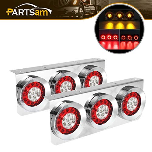 Partsam 2Pcs 54 LED Truck Trailer Tail Lights Bar with Chrome Iron Bracket Base Waterproof 24V 4 Inch Round Led Trailer Tail Lights Bar Stop Turn Signal Running Parking Lights Lamps RV Camper