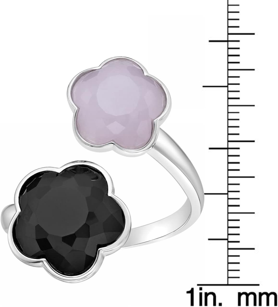 Lavari Jewelers Black Onyx Pink Quartz Flower Open Ring for Women in 925 Sterling Silver Anniversary Ring Size 6 to 8 - Image 4