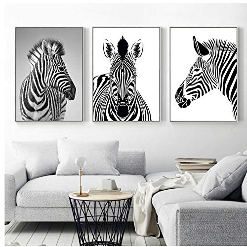 Cuadro de cebra en blanco y negro Decoraciónación dulce Pintura de lienzo nórdico Impresión de arte de pared Cartel de animal lindo para sala de estar nórdica 50x70cmx3 Sin marco
