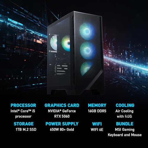 Image of msi Codex R2 Gaming Desktop: Intel Core i5-14400F, Geforce RTX 5060, 16GB DDR5, 1TB m.2 NVMe SSD, 80+ Gold PSU, WiFi 6E, ARGB Fan Air Cooling, Windows 11 Home: A14NVL5-454US