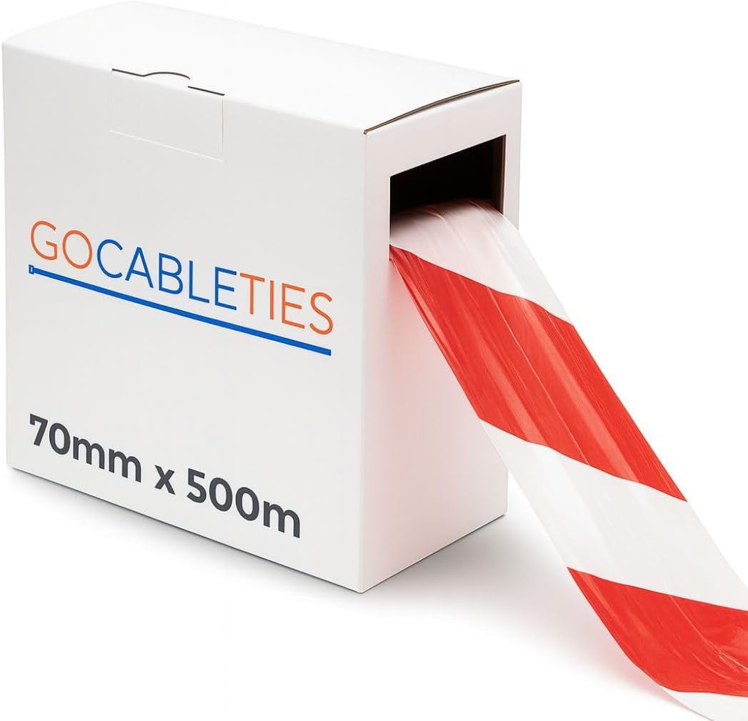Red/White - 70mm x 500m Barrier Tape - Non Adhesive Warning Box, Caution Tape,Plastic Barrier Cordon Off Tape