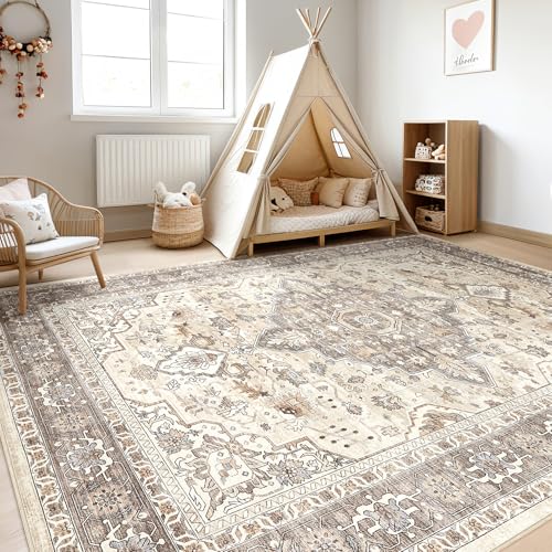 10x14Ft Area Rugs Living Room: Washable Boho Large Neutral Vintage Soft Rug Stain Resistant Farmhouse Non Slip Indoor Floor Carpet for Bedroom Nursery Kids Playroom Office Dining Room- Beige Brown