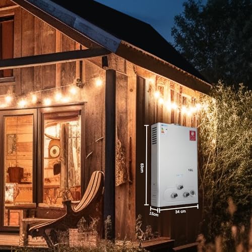 BreeRainz 16L Gas Durchlauferhitzer mit Duschkopf,32KW LPG Propan Butan Warmwasserbereiter, Super Niedrigem 0,2 bar Startwasserdruck für Zuhause Wohnmobile Kabinen