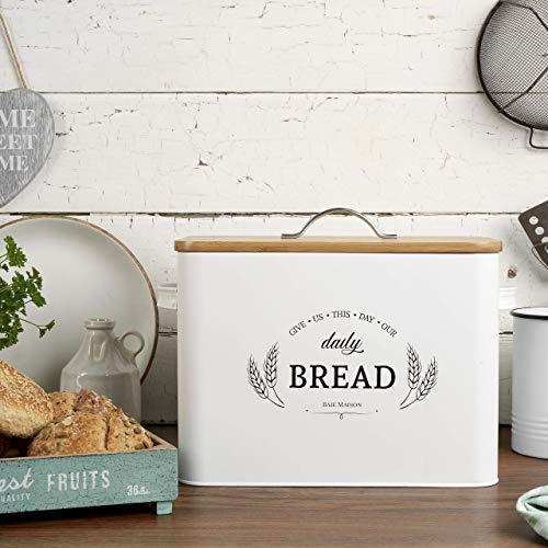 Baie Maison Extra Large White Farmhouse Bread Box For Kitchen Countertop - Breadbox Holder Fits 2+ Loaves - Bread Storage Container Bin - Rustic Bread Keeper Vintage Metal Kitchen Decor For Counter #TOP4