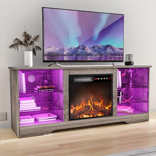 TAVATA 58' Fireplace TV Stand, Modern Entertainment Center with Fireplace for TVs up to 65 inch, Media TV Console for Living Room with Led Lights, Adjustable Glass Shelves and Storage Cabinets (Grey)