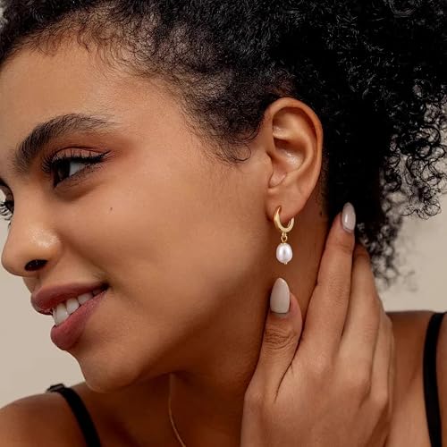 Fiusem Pearl Drop Earrings for Women, 14K Gold Plated Small Huggie Hoops with Pearl Dangle Earring for Women2
