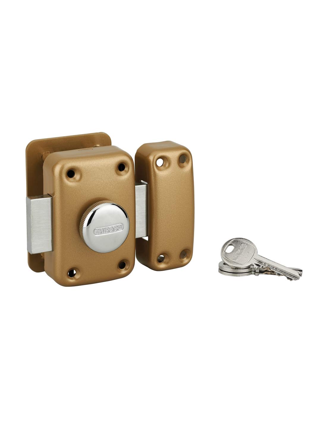THIRARD - Verrou à Bouton Apache avec Plaque de Renfort - Cylindre Laiton 45 mm - Ø 23 mm - Acier Époxy Or - Sécurité Porte d'Entrée - 3 Clés Crantées - Coffre 90 x 60 mm