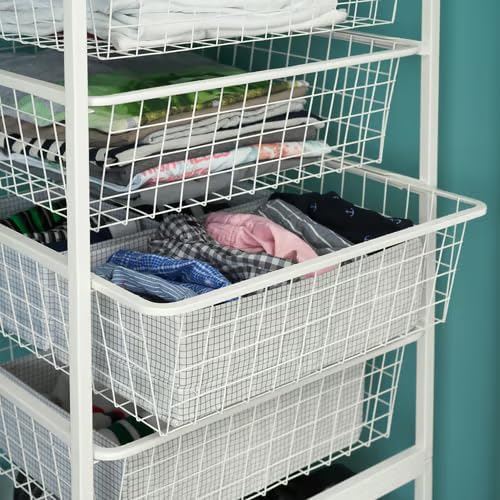 4-Tier Wire Basket Storage Unit – White Metal Organizer with Mesh Drawers for Laundry Room – Ideal for Clothes, Towels, and Supplies – 20.1 x 19.6 x 27.5 Inches