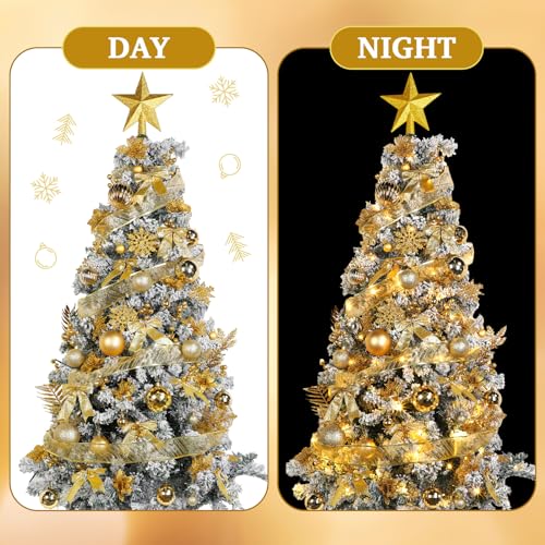 Poen 108 Pcs Christmas Tree Ornament Set Including Xmas Tree Ball Glitter Poinsettia Bows Berries Stems Leaves Snowflakes Ribbon Lights for Christmas Decoration(Gold) by Poen - Image 4