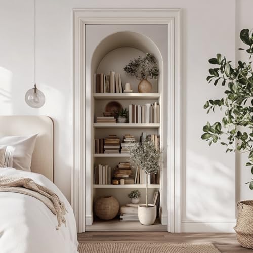 arricraft 2 Stück Selbstklebender Türaufkleber 31.5'X78.7' 3D Bücherregal Mit Bogen Elegante Und Einfache Bücherregale Wandaufkleber Abnehmbare PVC Tapete Dekoration Für Schlafzimmer Und Wohnzimmer