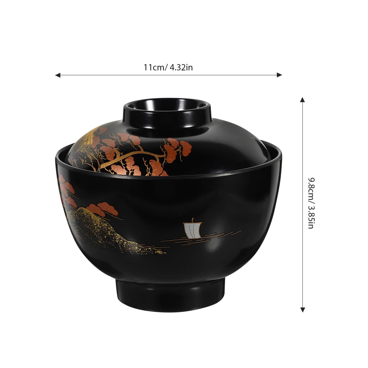 Kichvoe Miso Bol à soupe avec couvercle, bol à riz japonais en mélamine traditionnel, bol à soupe ramen en plastique laqué pour la cuisine, noir