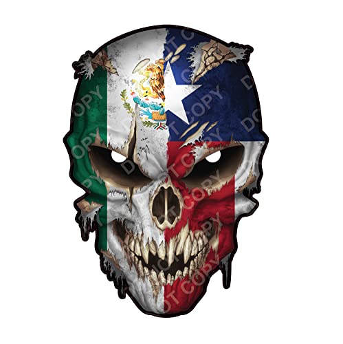 Image of Texas Mexico Skull Decal w /Reflective Eyes & Tex Mex Mexican Texan - Universal Auto Sticker for Car Truck SUV Body Side Window & Windshield