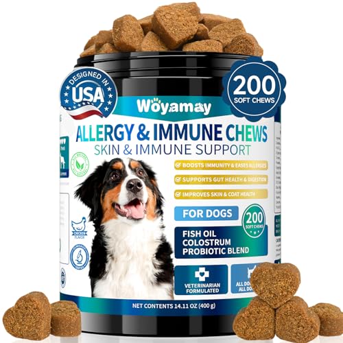 Woyamay 200 Dog Allergy Relief Chews for Dogs Itchy Skin Relief, Anti Itch for Dogs Ears & Paw Relief, Itchy Dog Skin Relief for Seasonal Allergy, Omega 3 Fish Oil, Turmeric & Colostrum Immune Support