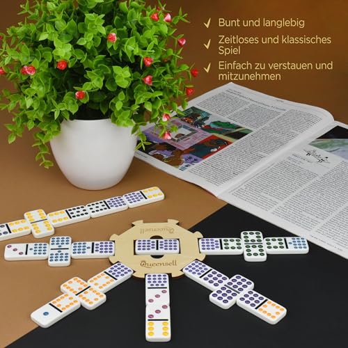Mexican Train Domino-Set Doppel 15 – Domino-Set für Erwachsene und Familie, Mexican Train Doppel 15 Domino-Steine mit farbigen Punkten – 136 Steine, 9 Züge, Holz-Mittelstück, Aluminium-Case