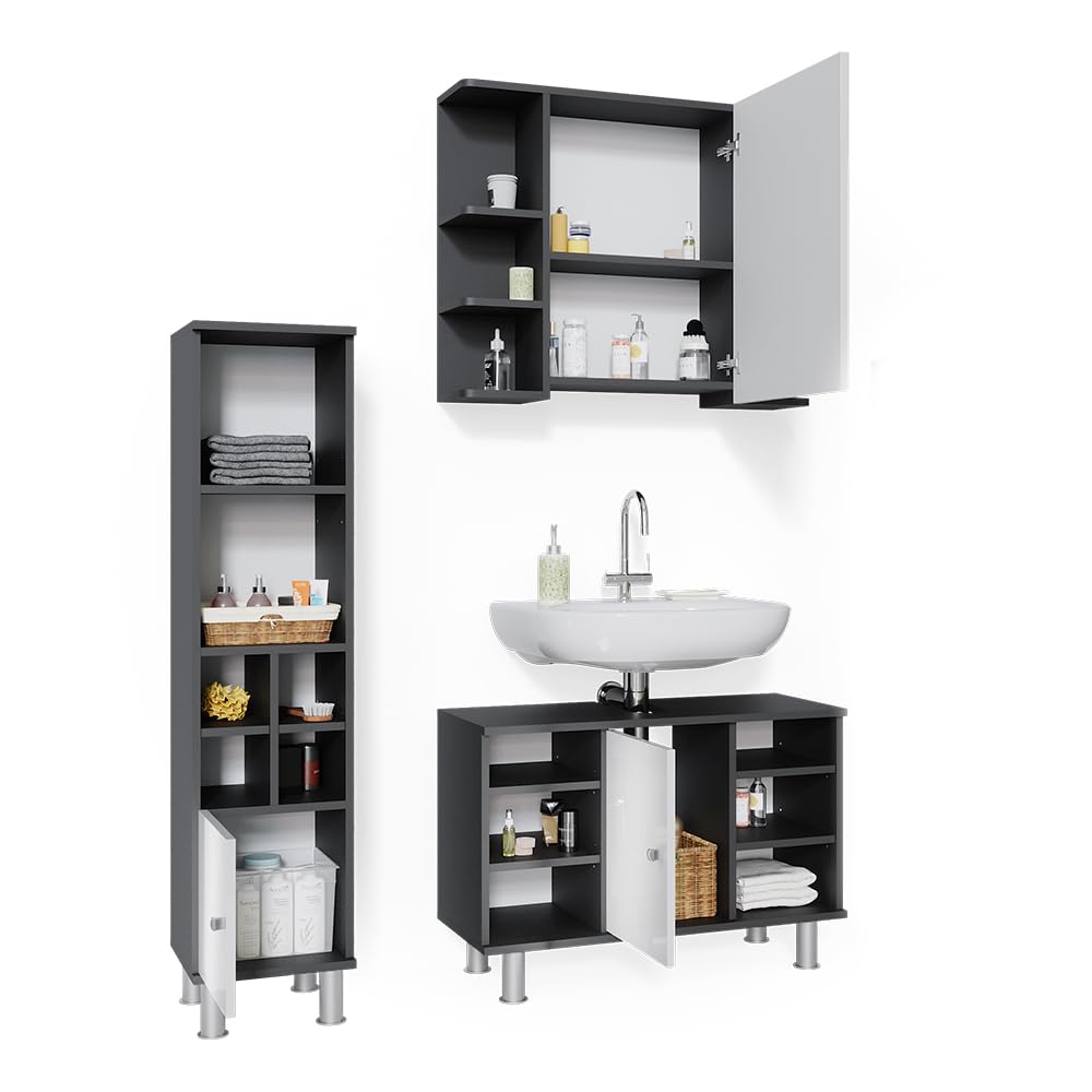 Vicco Badmöbel-Set Fynn, Anthrazit, 60 cm, besteht aus Waschbeckenunterschrank, Spiegelschrank und Hochschrank