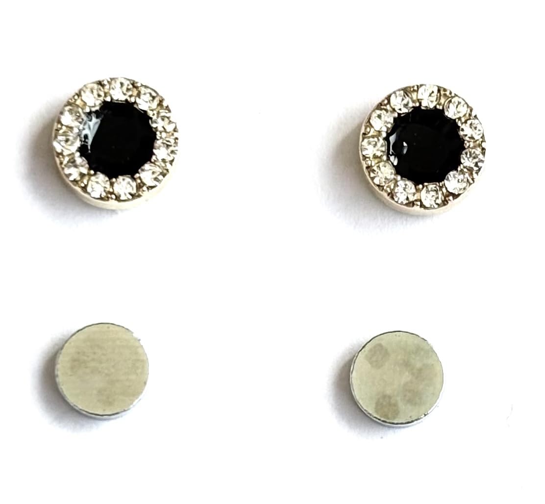 Magnetic Stud Earrings, Black Crystal with Clear Rhinestone Halo, Round Shape golden tone stone Non Pierced & Magnetic studs Earring For Men Gents Boys Women unisex.-image-20
