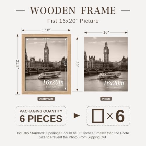 Image of VCK 16x20 Picture Frames Natural Oak - Wide Border Wood Poster Frame, Multi-Directional Display Family Photos, Office Prints, Studio /Gallery Artwork, Woodgrain Series, Wall Hanging, Set of 6