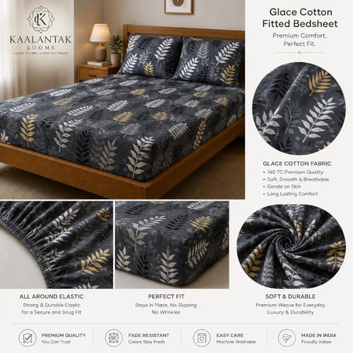 Image of Fitted Bedsheet Grey Leafy Print Glace Cotton 210 TC | Full Single Size for Single Bed Fits 4 x 6.25 ft Mattress (48 x 75 Inch) | All Around Elastic | 2 Pillow Covers | 7 Inch Deep Pocket