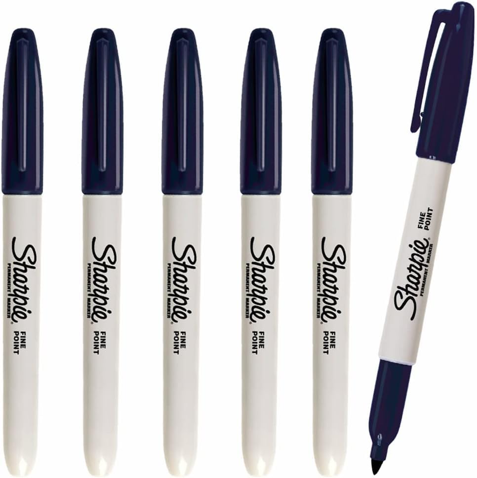 6 x Sharpie Permanent Marker Pens, Fint Point Tip, Navy Blue Colour Ink - Marks on Almost Any Surface - Loose in Plain Packaging