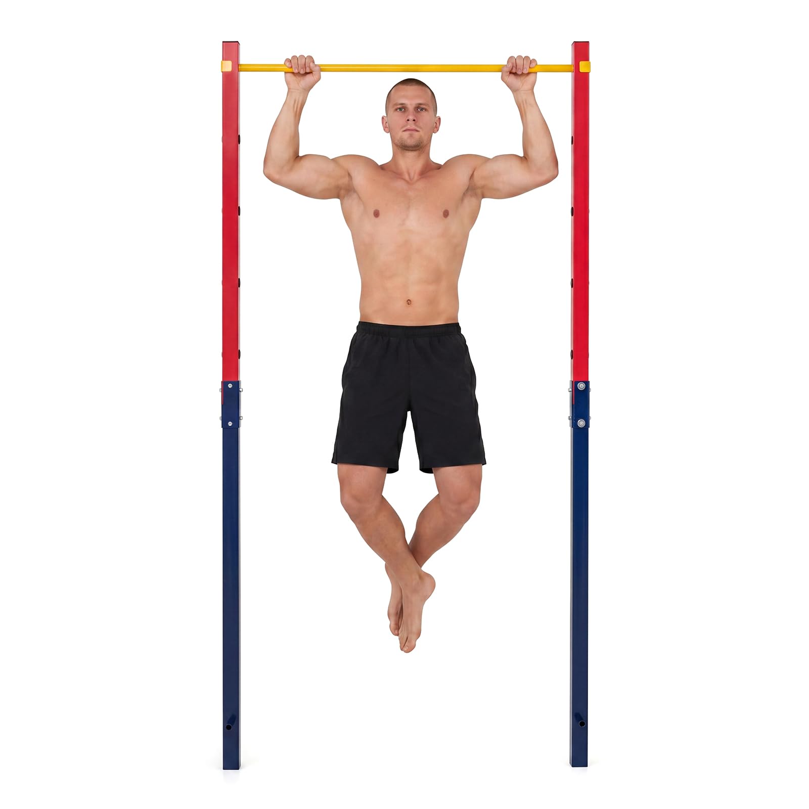 COSTWAY Outdoor In-Ground Pull Up Bar Station, Heavy Duty Metal Chin Up Bar with 5 Adjustable Heights and 2/3 Ground Anchors, Single/Double Free Standing Fitness Equipment (Red+Navy, Single)