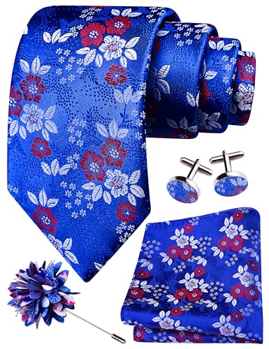 Image of GUSLESON 3.15 inch（8cm） Mens Floral Tie and Lapel Pin Necktie Hankerchief Cufflinks Set for Men