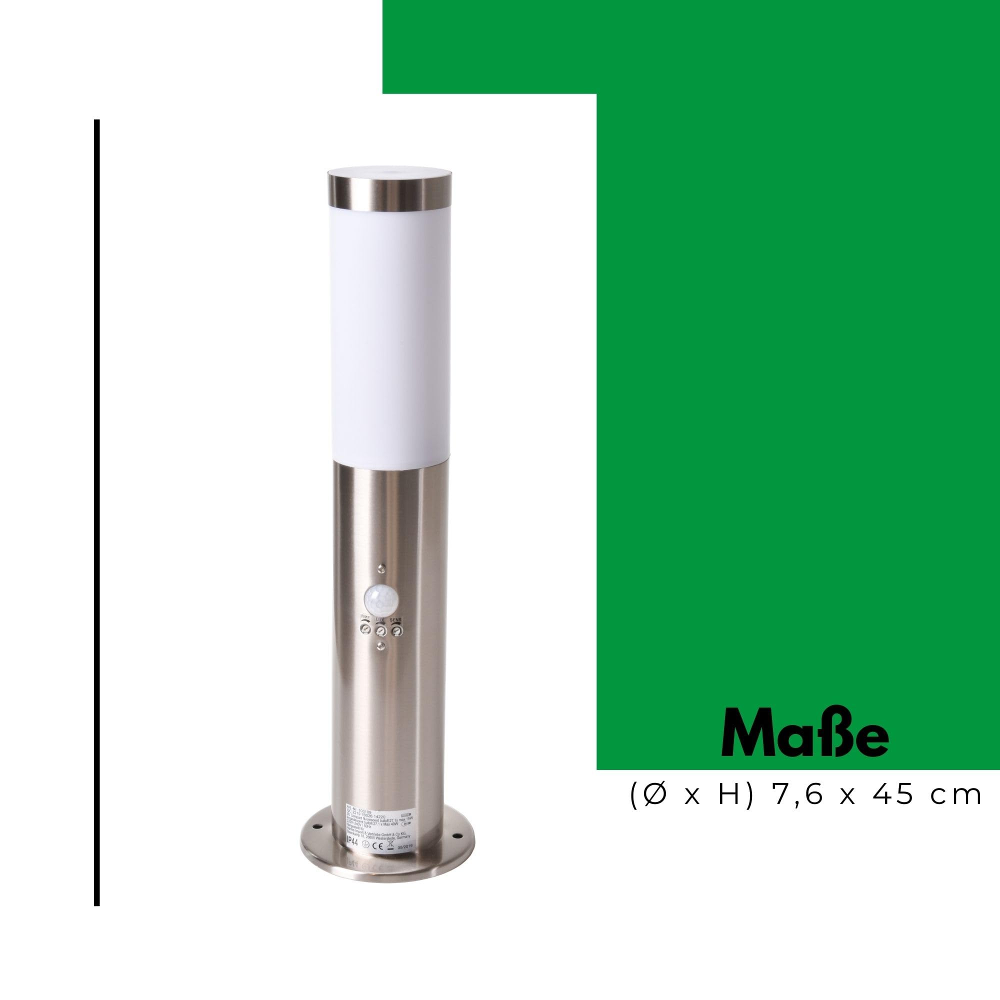 Novatool Wegeleuchten I 45 cm + 110 cm I mit Bewegungsmelder I Edelstahl I IP44 I E27 Sockel I Wegebeleuchtung aussen Aussenleuchten Garten Standleuchte Terassenleuchte Gartenleuchte stehend