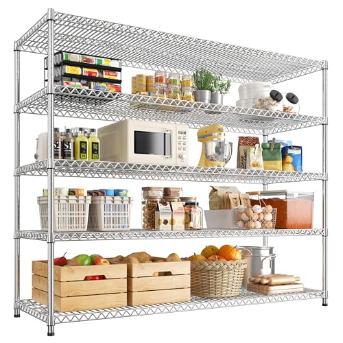 REIBII 55.5" W Storage Shelves 3200LBS Metal Shelving 5 Tier Wire Shelving Garage Shelving Heavy Duty Metal Shelves for Shelving Unit Commercial Adjustable Shelf, 55.5" W X 18''D X 71" H，Chrome