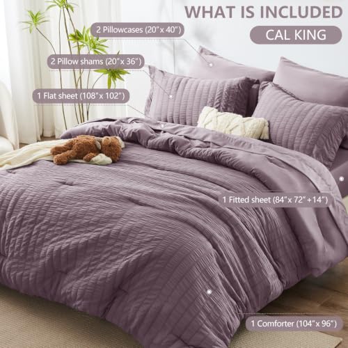 Image of HIMEET California King Comforter Set- 7 Pieces Seersucker Bed in a Bag, Boho Bedding Sets for Bedroom Decor, All Season Home Essential Bed Set with Comforter, Sheets, Pillowcases & Shams, Dusty Purple