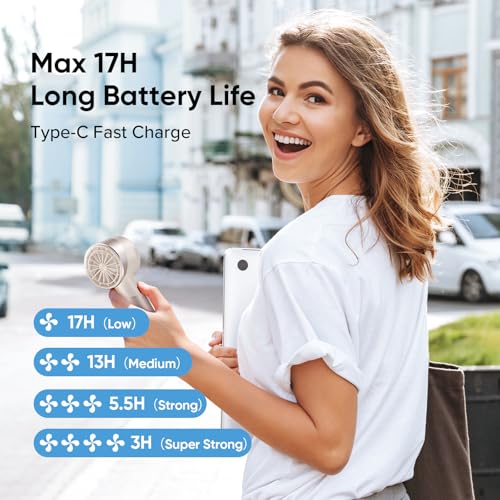 Image of AMACOOL Portable Handheld Turbo Fan, 4 Speeds Wind with Cool Metal Body, 17Hrs Runtime Rechargeable Battery Personal Fan, Mini Pocket Fans for Girl Woman Man Travel Makeup Camping Outdoor-Beige