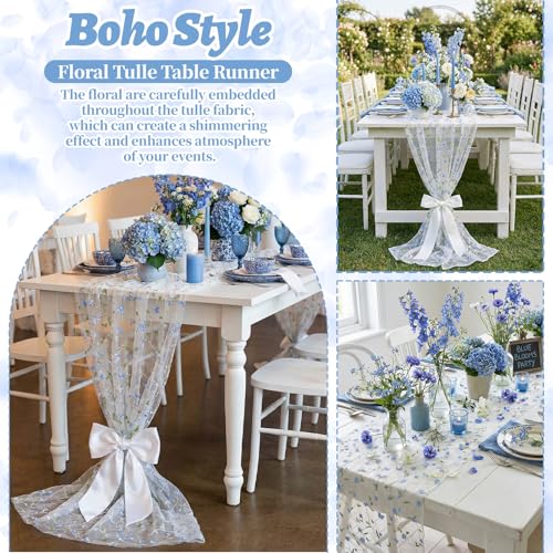 Lounsweer 3 Pcs Flower Table Runner 10ft Embroidery Flower Seasonal Table Runner Tulle Fabric Spring Summer Lace Decor for Bridal Shower Baby Shower Holiday Kitchen Dining Decor DIY Craft by Lounsweer - Used condition - Image 5