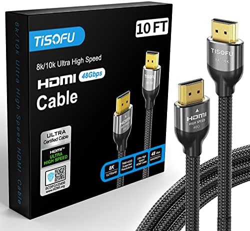 TISOFU [Ultra Certified] 8K HDMI Cable 10FT: HDMI 2.1 Cables 48Gbps High Speed Premium Braided Cord 8K@60Hz 4K@120Hz 4K@144Hz HDCP 2.2&2.3 CL3 ARC eARC - HD/HDR/HDTV/PS5/PS4/Xbox