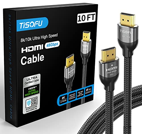 Tisofu [Ultra Certified] 8K Hdmi Cable 10Ft: Hdmi 2.1 Cables 48Gbps High Speed Premium Braided Cord 8K@60Hz 4K@120Hz 4K@144Hz Hdcp 2.2&2.3 Cl3 Arc Earc - Hd/Hdr/Hdtv/Ps5/Ps4/Xbox #TOP2