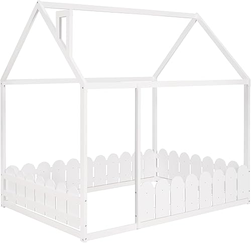 Miniatura 6 de MERITLINE Cama de casa tamaño matrimonial para niños con valla, camas Montessori con techo, cama de piso completo de madera, marco de cama para
