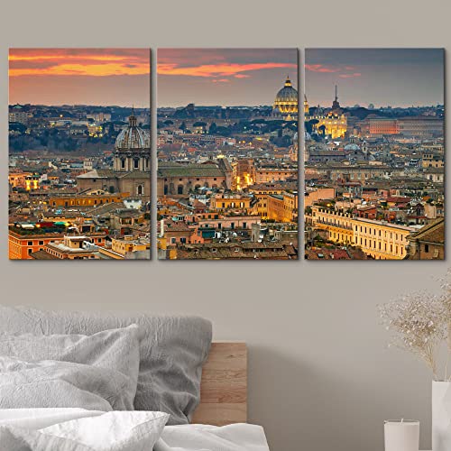 Wall26 - 3 Piece Canvas Wall Art - Wonderful View Of Rome At Sunset Time With St Peter Cathedral - Modern Home Art Stretched And Framed Ready To Hang - 16"X24"X3 Panels #TOP2