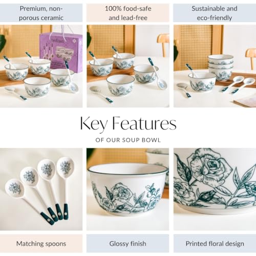 Image of Nestasia Ceramic Soup Bowl with Spoon Set of 4 (400ml Each) - Green Rose Printed Microwave & Dishwasher Safe Bowl Set for Serving Soup, Custard, & Dessert - Perfect for Gifting & Daily Use