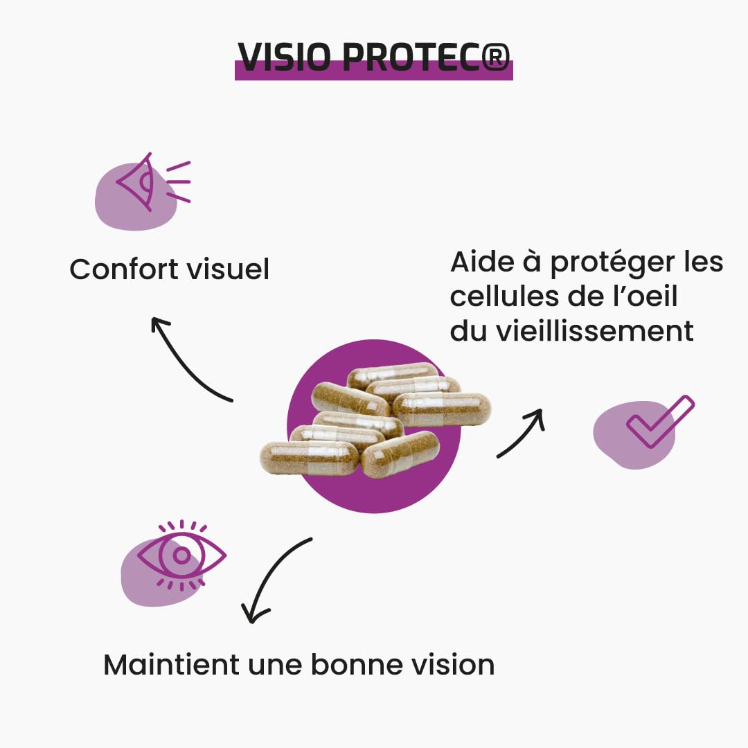Complément alimentaire VISIO PROTEC - 60 gélules - Pour les yeux et la vision - Myrtille, Lutéine, Zéaxanthine, vitamines et minéraux - Développé en France