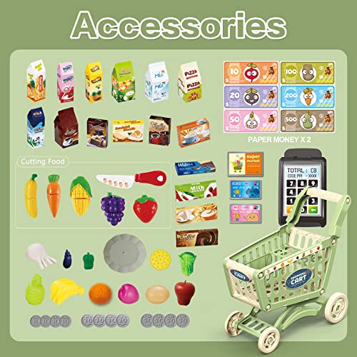 Redcrab Kids Shopping Cart Toy Supermarket Playset 64Pcs Included Grocery Cart Toy,Cutting Food,Pretend Fruit Vegetables Shop Accessories For Boy Girl Kid(Green-1) #TOP3