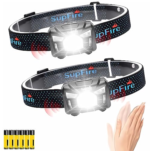 SuperFire Head Lamp Battery Powered,2 Pack LED Headlamp Outdoor Light for Adults, Motion Sensor High Lumens Headlights,Water Resistance,Red Light,for Fishing Camping Running Cycling