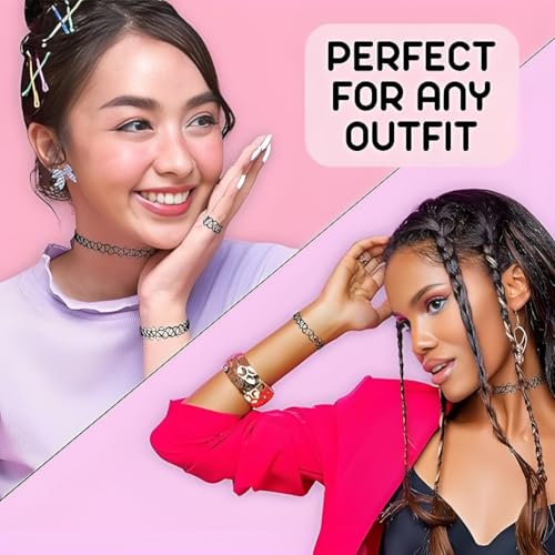 12 Stück Choker Halskette Sets,Elastische Tattoo-Halsband,Ringe,Armbänder,Jeweils 4Stück,Schwarze Choker Kette Damen 90er Jahre Outfit Damen,Punk Gothic Tattoo kette 90er jahre Accessoires für Mädchen