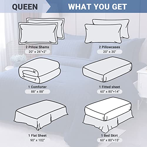 Hymokege Navy Blue Queen Comforter Set Seersucker 8 Pieces, All Season Luxury Bed In A Bag For Bedroom, Bedding Set With Comforters, Sheets & Skirt, Pillowcases & Shams #TOP5