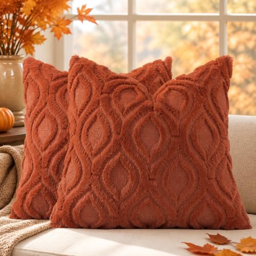 Image of decorUhome Fall Throw Pillow Covers 24x24 Inch Set of 2, Soft Plush Faux Wool Rust Solid Couch Pillow Covers, Accent Euro Sham Farmhouse Neutral Square Pillow Cases for Sofa Bed Living Room