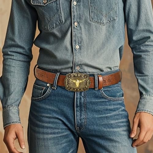 Brown Belt Men 43 Inch Bull Pattern PU Leather Belt with Buckle 1.5" Wide Easy Matching Vintage Men for Cowboy, Cosplay, Daily, Gifts for Brown Leather3